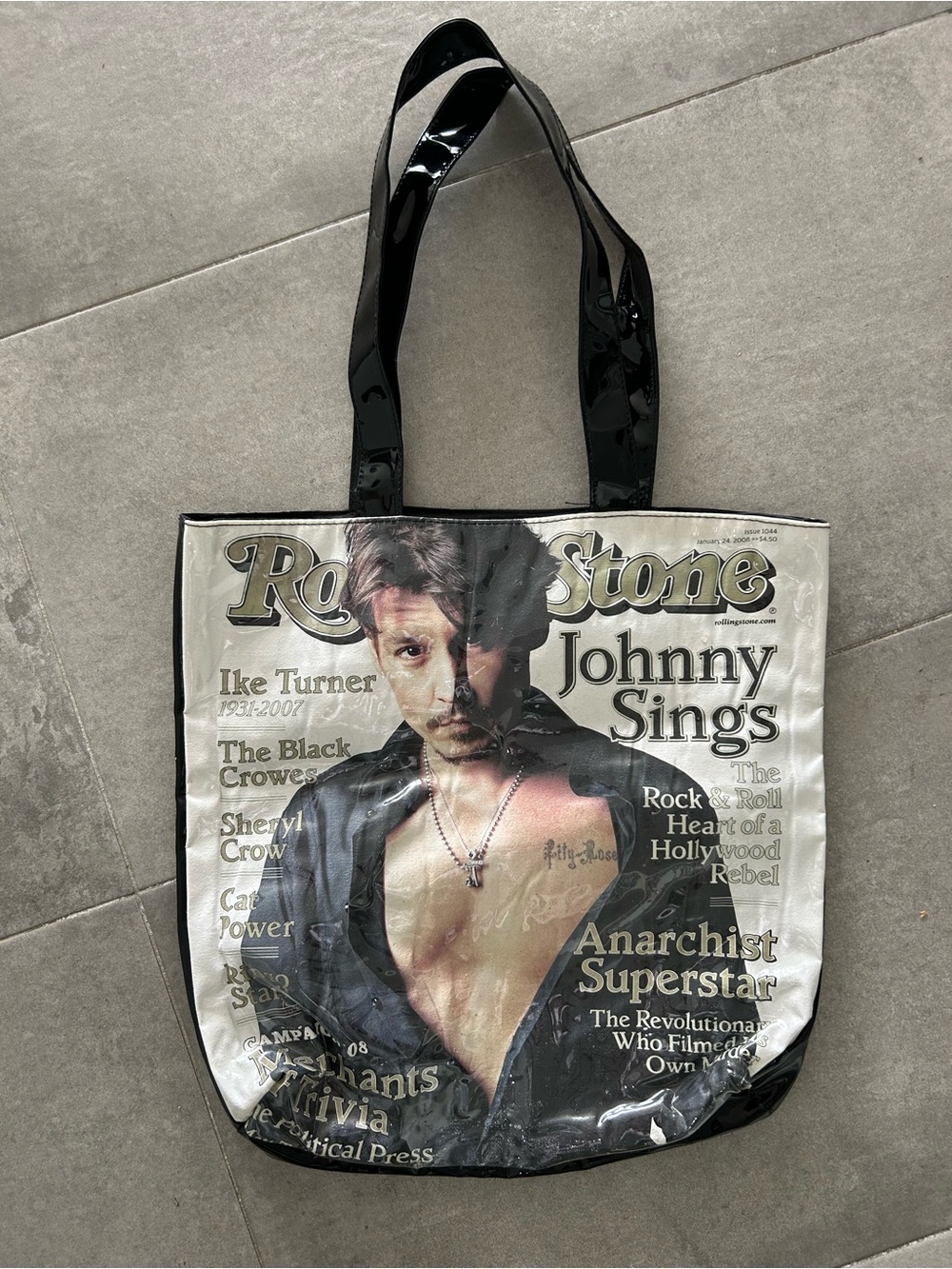 the Rolling Stones Johnny Sings Cover-Print Glossy Tote - Black and White